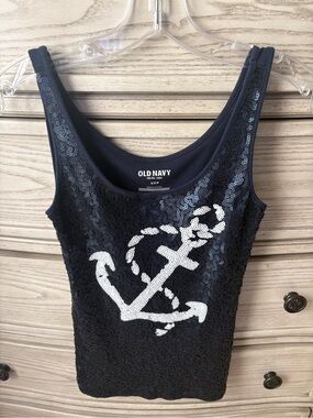 Y2K Old Navy Sequin Anchor Tank Top - Navy Blue & White (Small)